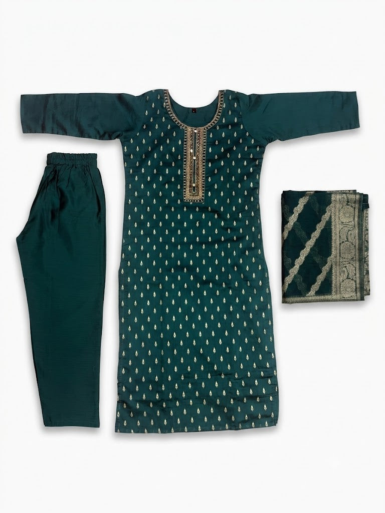 Women Teal Green Woven Straight Kurta with Pants & Dupatta | Ethnic Kurta Set (3-Piece)