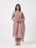 Dusty Pink Embroidered Cotton Kurta Set with Dupatta