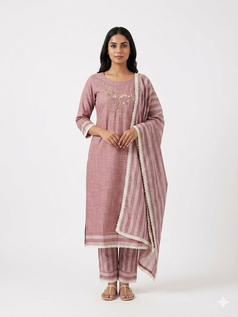 Dusty Pink Embroidered Cotton Kurta Set with Dupatta