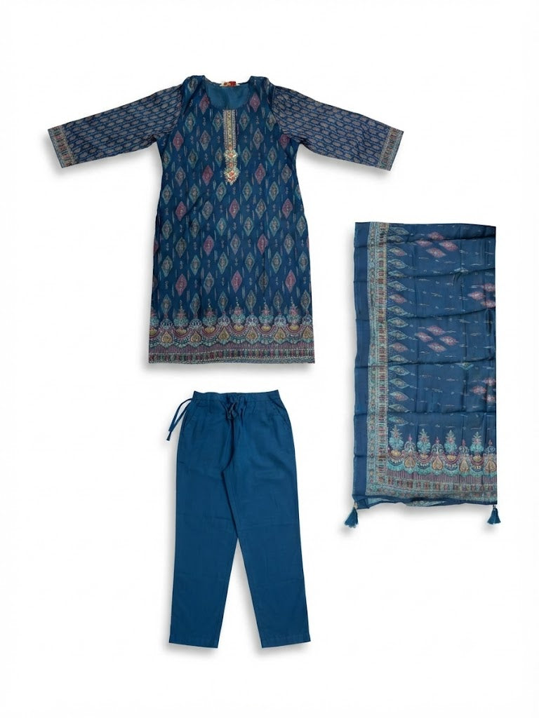 Navy Blue Ethnic Printed Cotton Kurta Set with Dupatta