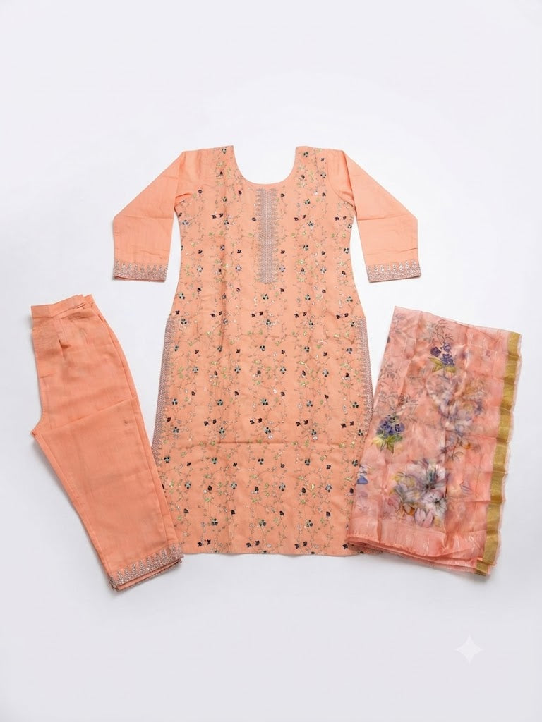 Peach Floral Printed Cotton Kurta Set with Organza Dupatta