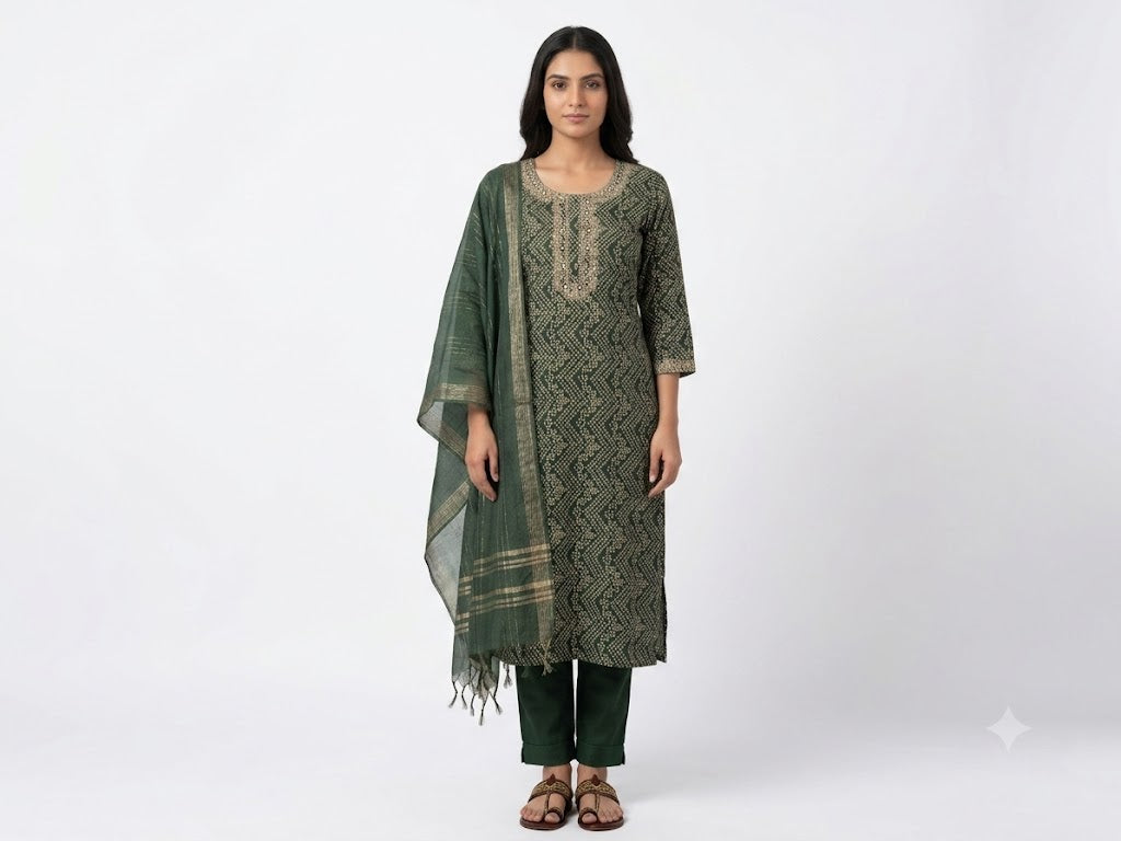 Olive Green Geometric Printed Cotton Kurta Set with Dupatta