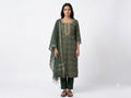 Olive Green Geometric Printed Cotton Kurta Set with Dupatta