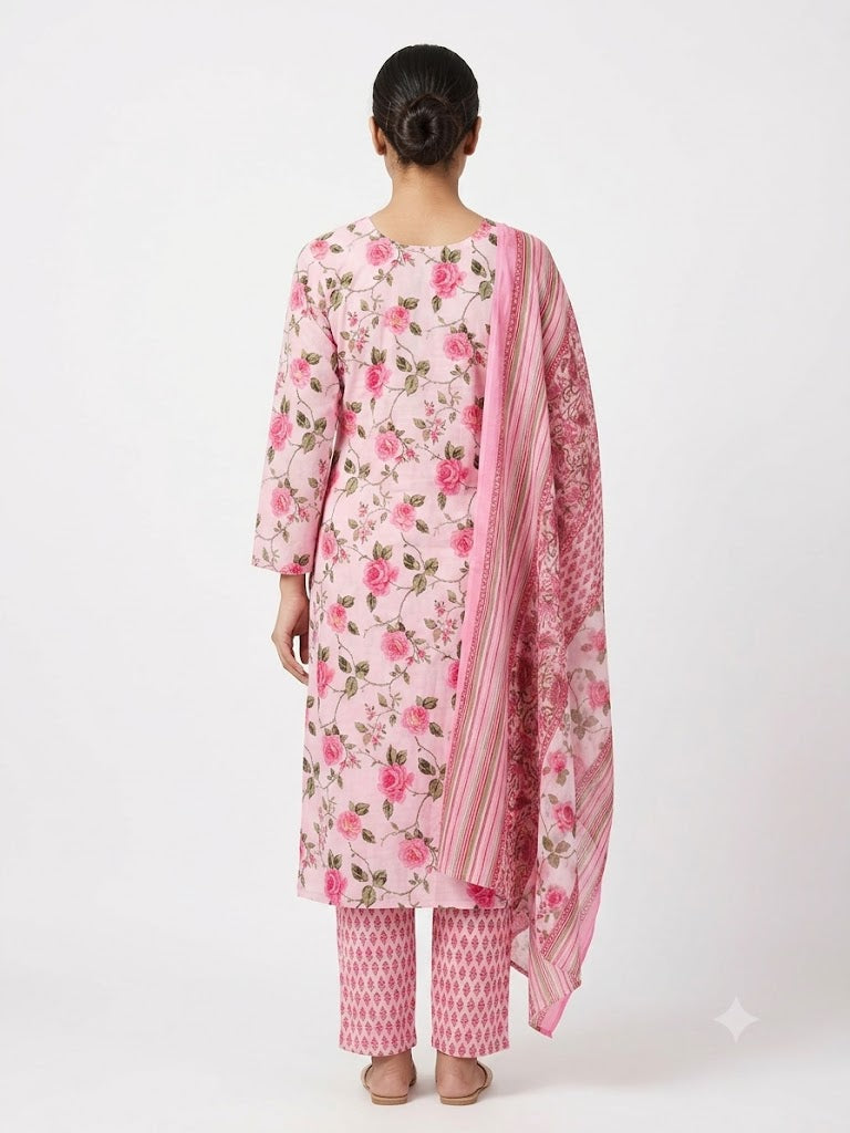 Blush Pink Floral Printed Cotton Kurta Set with Dupatta