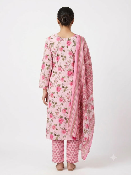 Blush Pink Floral Printed Cotton Kurta Set with Dupatta