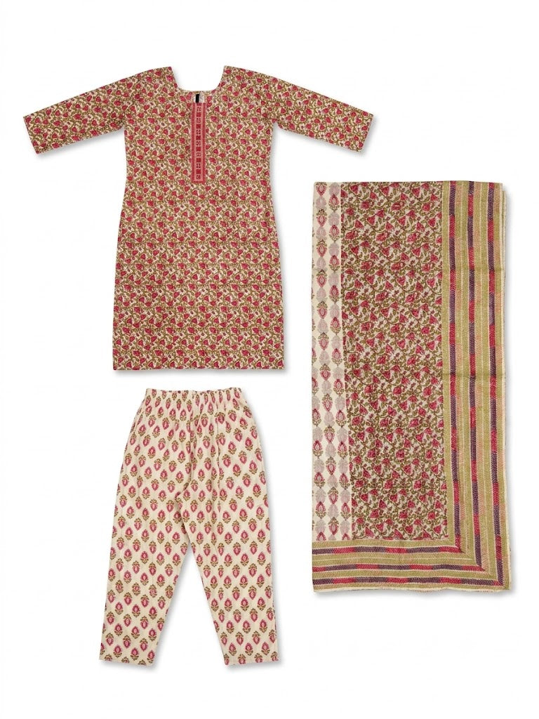 Peach Floral Printed Cotton Kurta Set with Dupatta