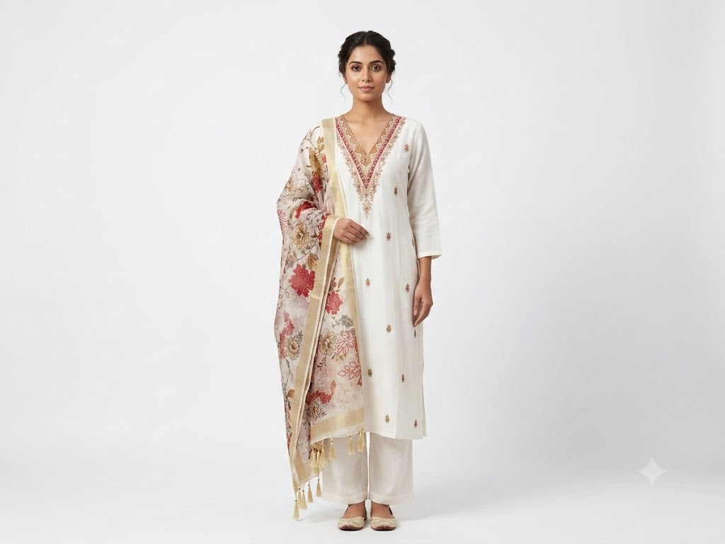 Women Off-White Embroidered Straight Kurta with Pants & Floral Printed Dupatta | Ethnic Kurta Set (3-Piece)