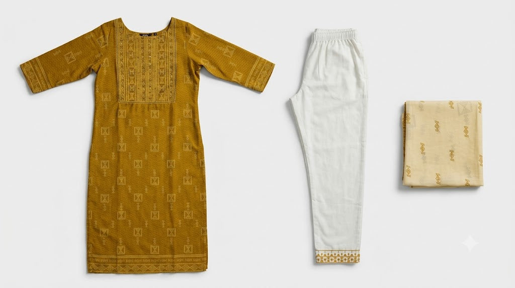Women Mustard Yellow Embroidered Kurta Set with Dupatta & Straight Pants | Festive Ethnic Wear