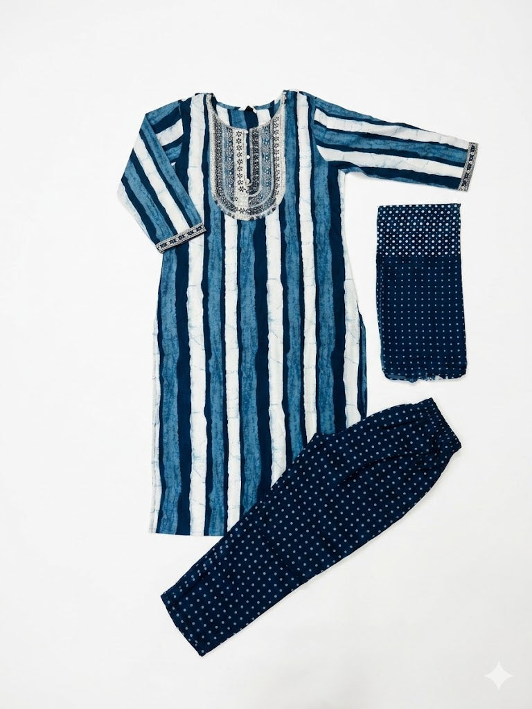 Blue Striped Printed Cotton Kurta Set with Dupatta