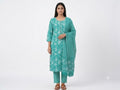 Aqua Blue Floral Printed Cotton Kurta Set with Dupatta
