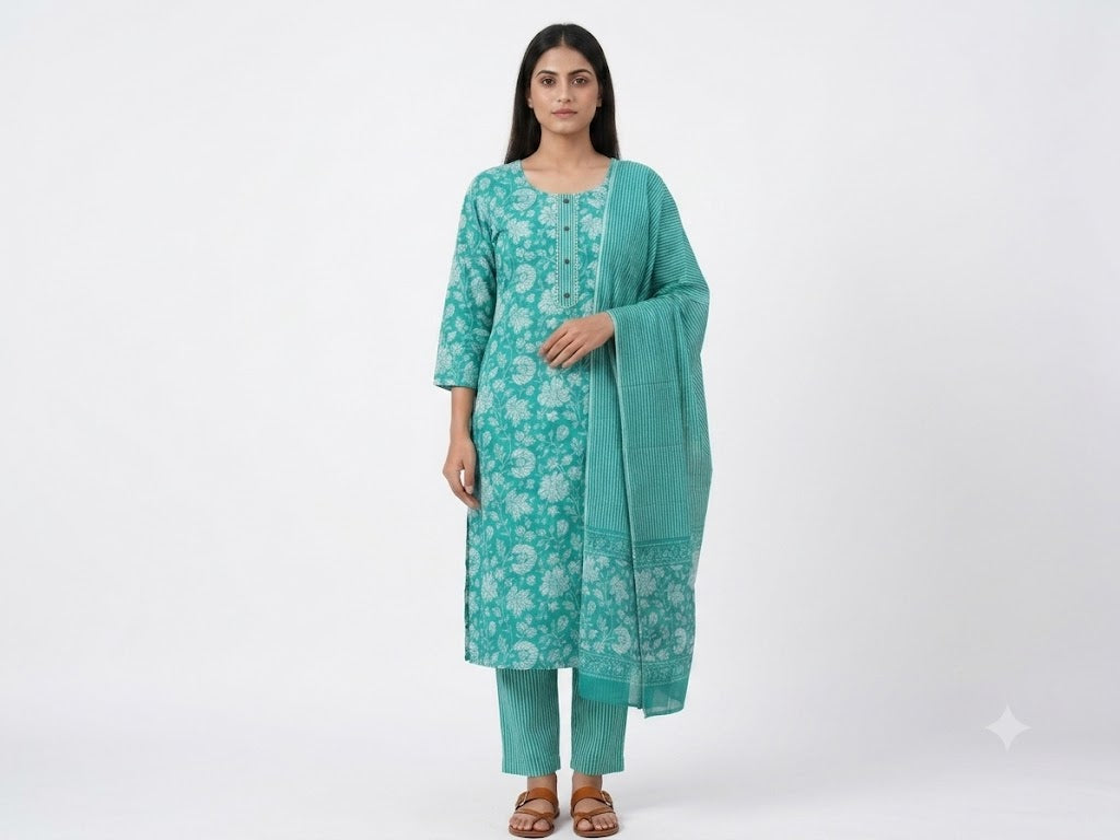 Aqua Blue Floral Printed Cotton Kurta Set with Dupatta