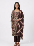 Taupe Floral Printed Cotton Kurta Set with Tie-Dye Dupatta