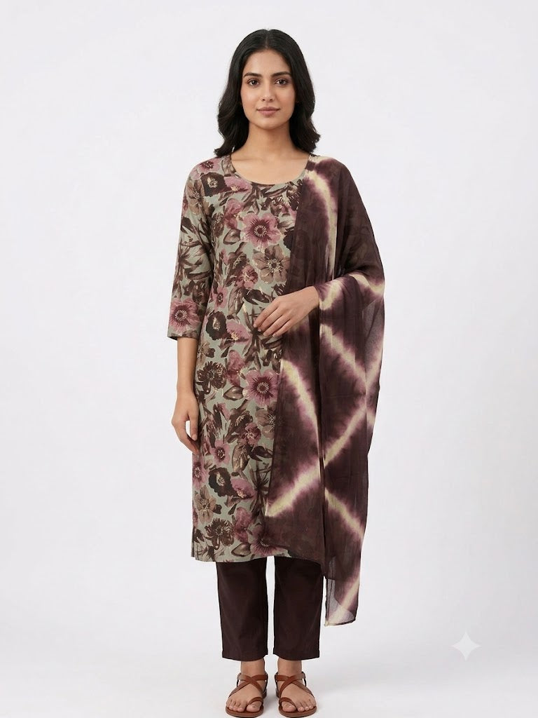 Taupe Floral Printed Cotton Kurta Set with Tie-Dye Dupatta