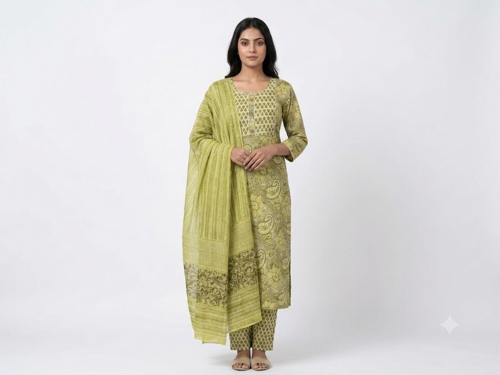 Olive Green Floral Printed Cotton Kurta Set with Dupatta