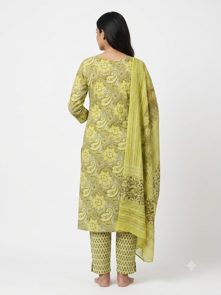 Olive Green Floral Printed Cotton Kurta Set with Dupatta