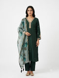 Women Dark Green Embroidered Straight Kurta with Pants & Floral Printed Dupatta | Ethnic Kurta Set (3-Piece)