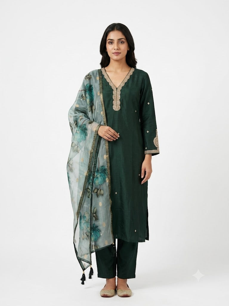 Women Dark Green Embroidered Straight Kurta with Pants & Floral Printed Dupatta | Ethnic Kurta Set (3-Piece)