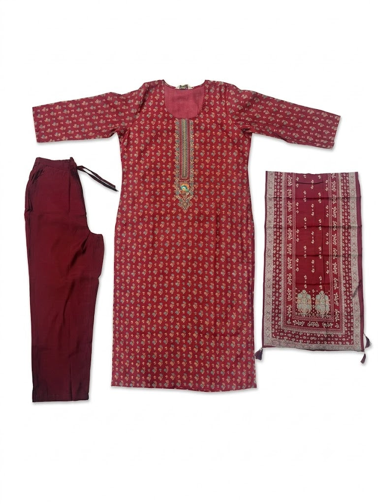 Maroon Ethnic Printed Cotton Kurta Set with Dupatta