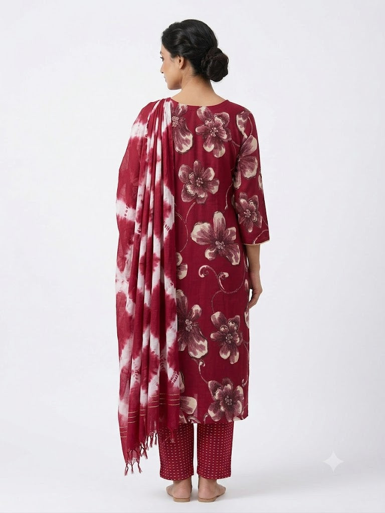 Magenta Floral Printed Cotton Kurta Set with Tie-Dye Dupatta