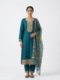 Teal Embroidered Cotton Kurta Set with Printed Dupatta