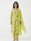 Lime Green Floral Printed Cotton Kurta Set with Dupatta