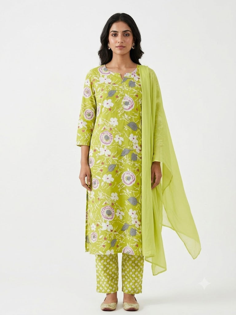 Lime Green Floral Printed Cotton Kurta Set with Dupatta