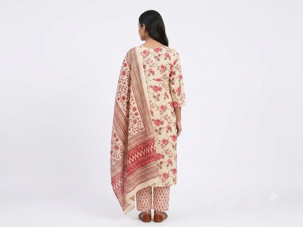 Ivory Floral Printed Cotton Kurta Set with Dupatta