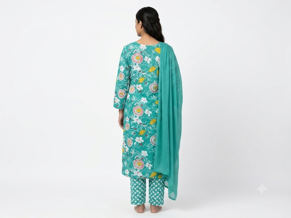 Aqua Blue Floral Printed Cotton Kurta Set with Dupatta