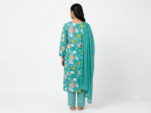 Aqua Blue Floral Printed Cotton Kurta Set with Dupatta