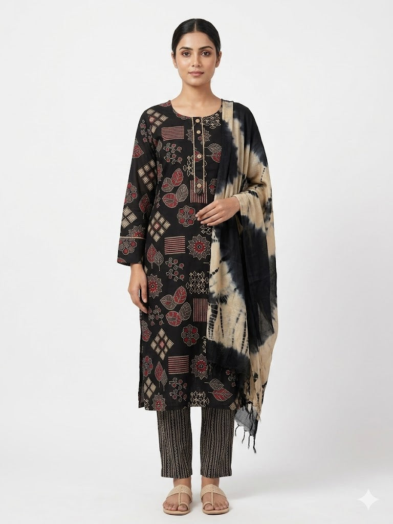 Black Floral Printed Cotton Kurta Set with Tie-Dye Dupatta