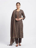 Brown Embroidered Cotton Kurta Set with Printed Dupatta