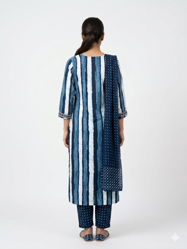 Blue Striped Printed Cotton Kurta Set with Dupatta