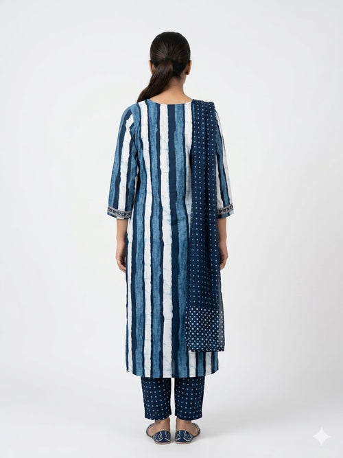 Blue Striped Printed Cotton Kurta Set with Dupatta
