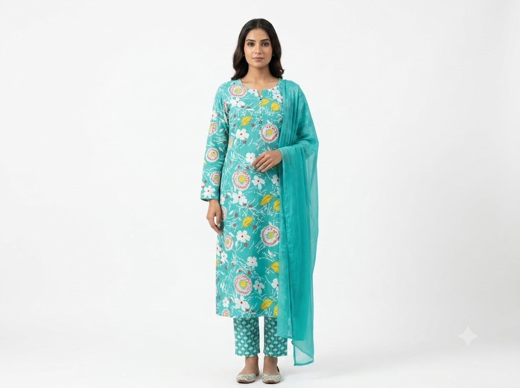 Aqua Blue Floral Printed Cotton Kurta Set with Dupatta