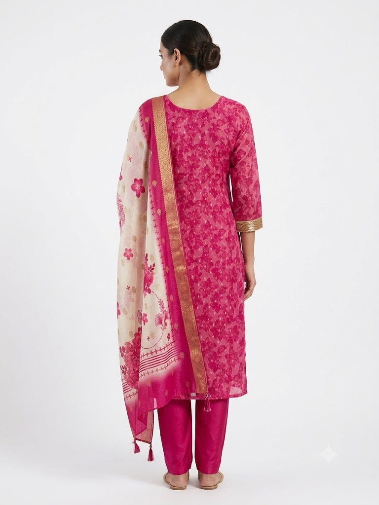 Fuchsia Pink Printed Cotton Kurta Set with Floral Dupatta