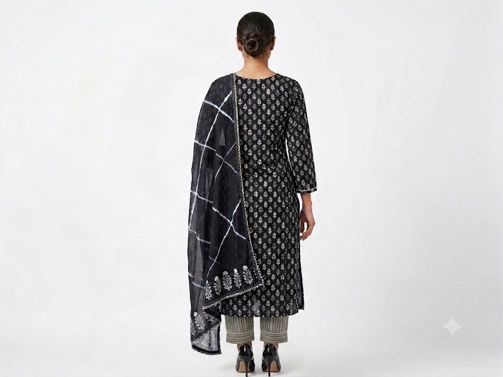 Black Embroidered Cotton Kurta Set with Chiffon Dupatta