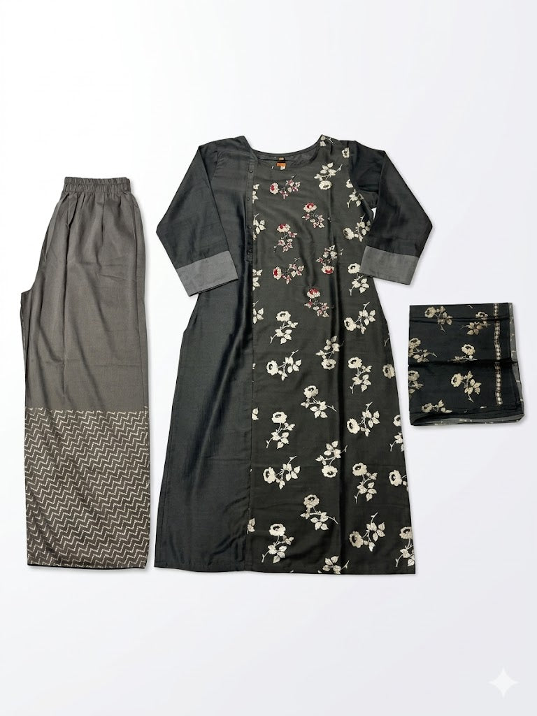 Charcoal Grey Floral Printed Cotton Kurta Set with Dupatta