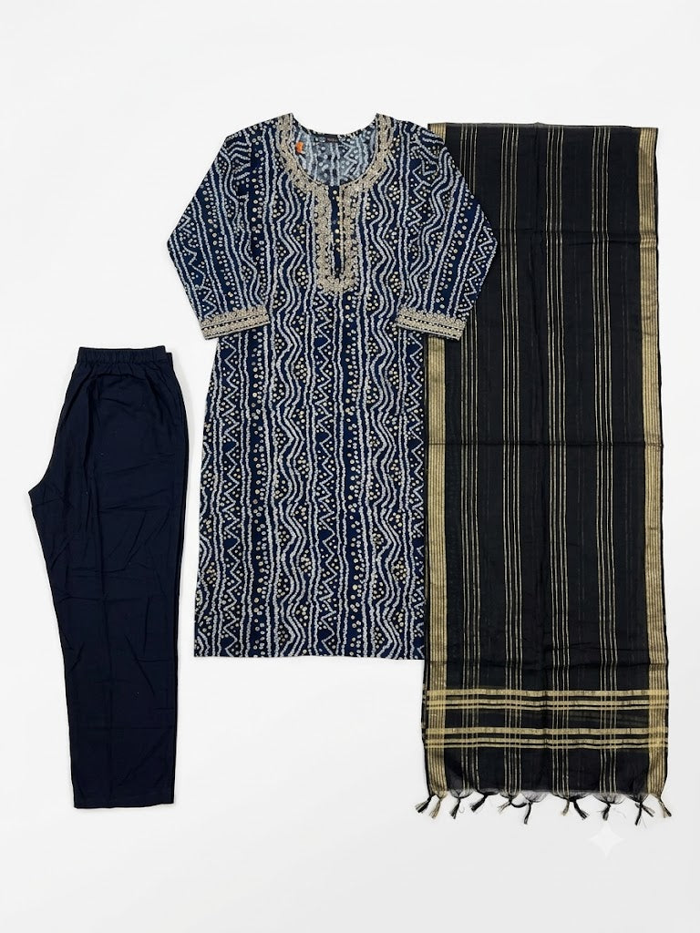 Navy Blue Geometric Printed Cotton Kurta Set with Dupatta