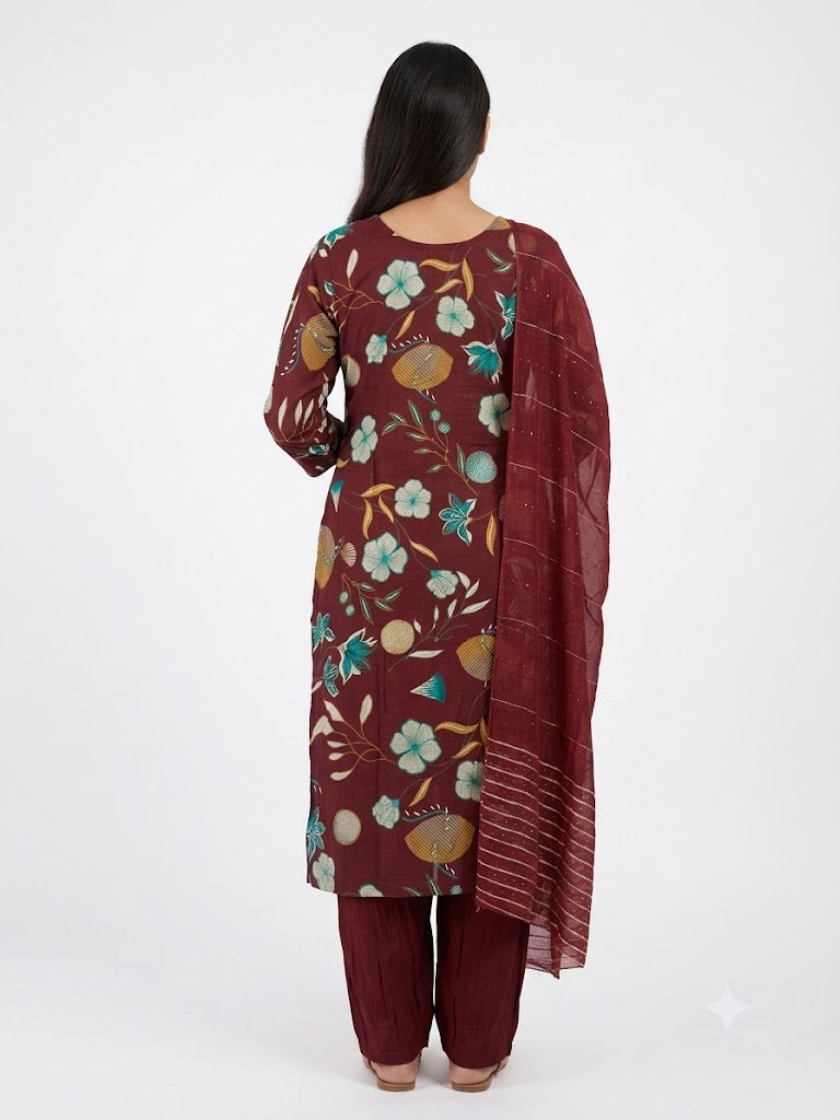 Wine Floral Printed Cotton Kurta Set with Striped Dupatta