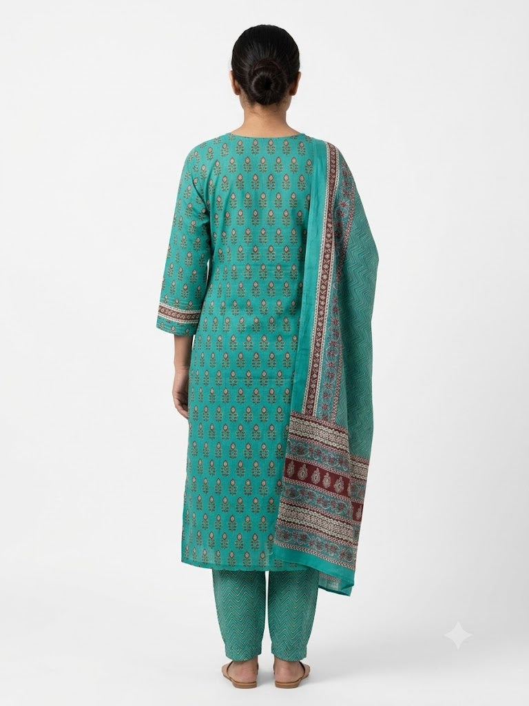 Turquoise Printed Cotton Kurta Set with Dupatta
