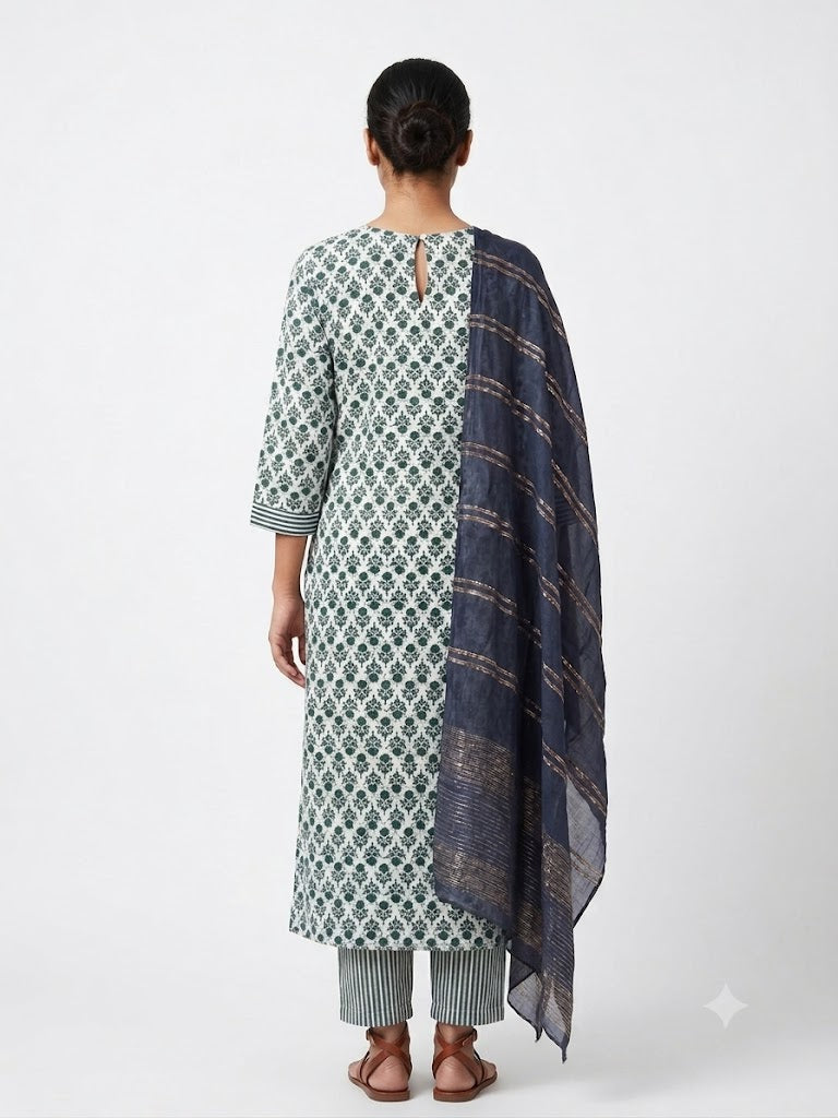 Grey Geometric Printed Cotton Kurta Set with Woven Dupatta