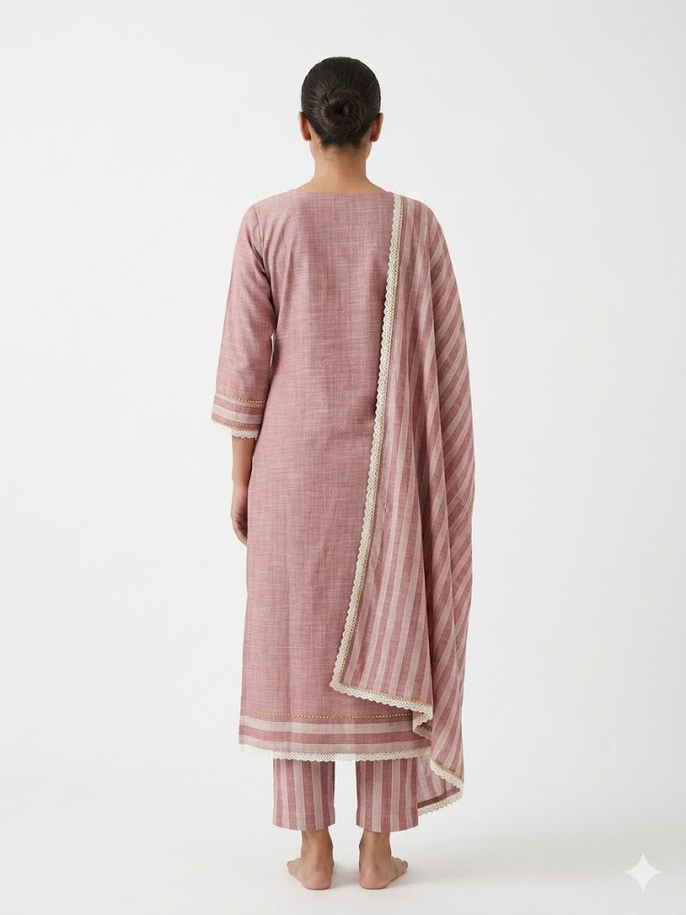Dusty Pink Embroidered Cotton Kurta Set with Dupatta
