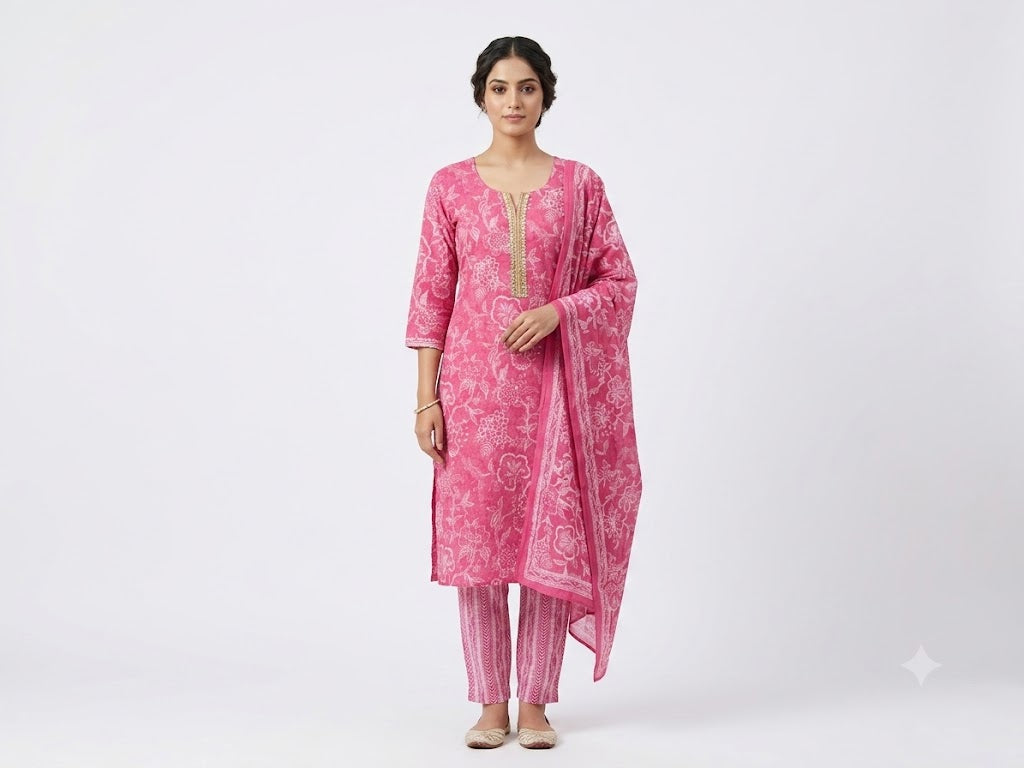 Women Pink Floral Printed Straight Kurta with Pants & Dupatta | Ethnic Kurta Set (3-Piece)
