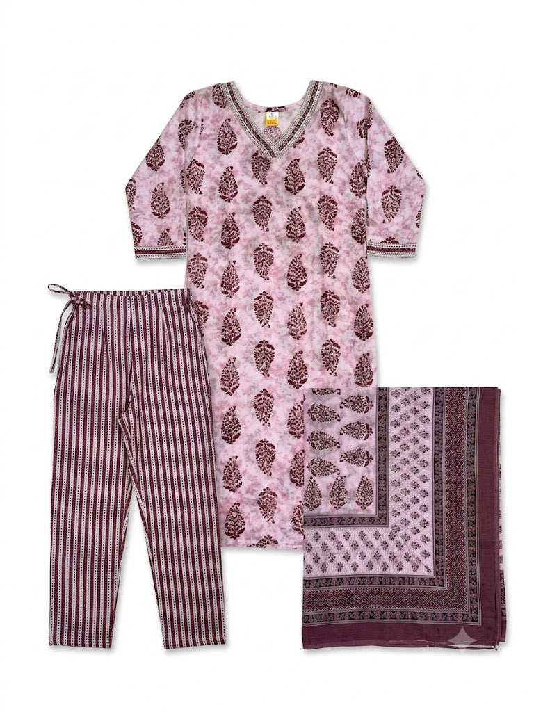 Blush Pink Paisley Printed Cotton Kurta Set with Dupatta