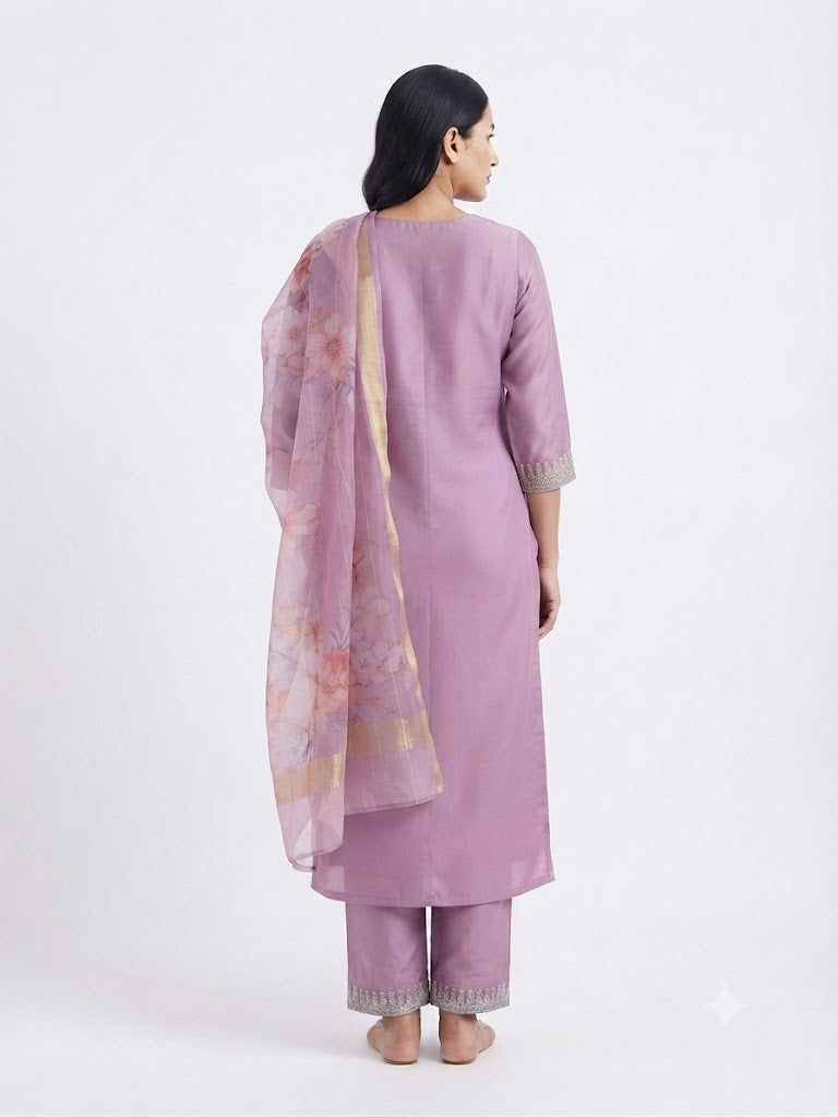 Lavender Embroidered Cotton Kurta Set with Organza Dupatta