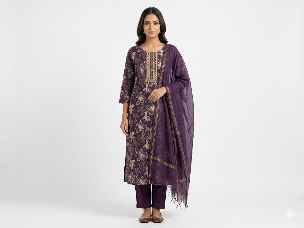 Purple Floral Printed Cotton Kurta Set with Dupatta