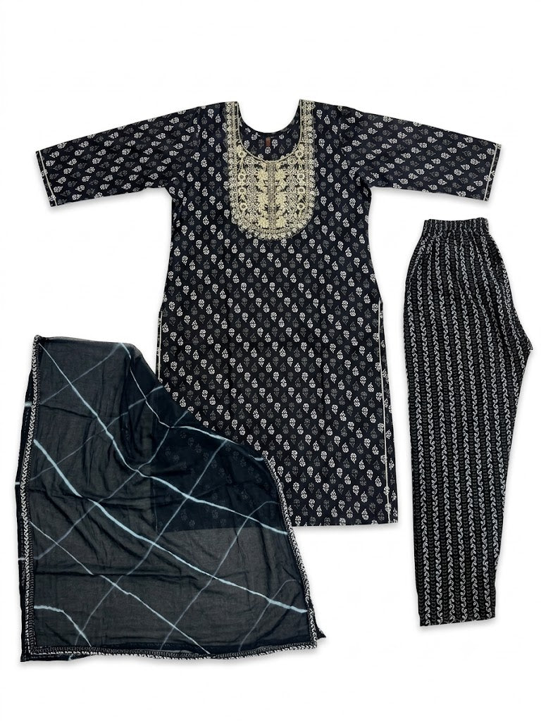 Black Embroidered Cotton Kurta Set with Chiffon Dupatta