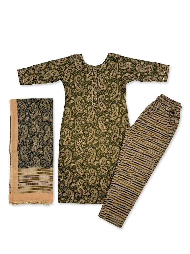 Charcoal Paisley Printed Cotton Kurta Set with Dupatta