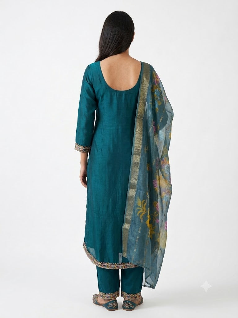 Teal Embroidered Cotton Kurta Set with Printed Dupatta