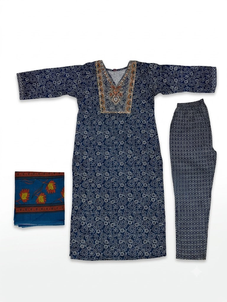 Women Indigo Blue Printed Kurta Set with Contrast Dupatta & Pants | Festive Ethnic Wear